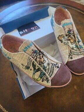 Vintage kitson LA Embroidered Slip-On Sneakers in Cream, Pink and Purple-Brown